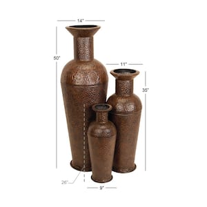 Brown Tall Floor Bottleneck Metal Decorative Vase with Bubble Texture and Studs (Set of 3)