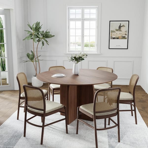 Dovelina Flora Modern Walnut Round Oak Wood Top 52 in. Cross Leg Dining Table Seats 6