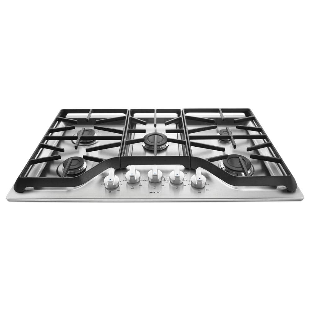 Maytag 36 in. Gas Cooktop in Stainless Steel with 5 Burners Including 15000 BTU Power Burner, Silver