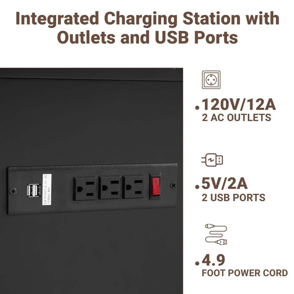 Black Wood 2-Drawer Nightstand with Charging Station
