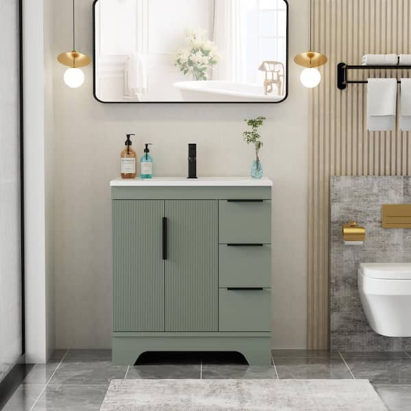 30 in. W. x 18 in. D x 33.5 in. H Single Sink Freestanding Green Bath Vanity with White Integrated Composite Resin Top