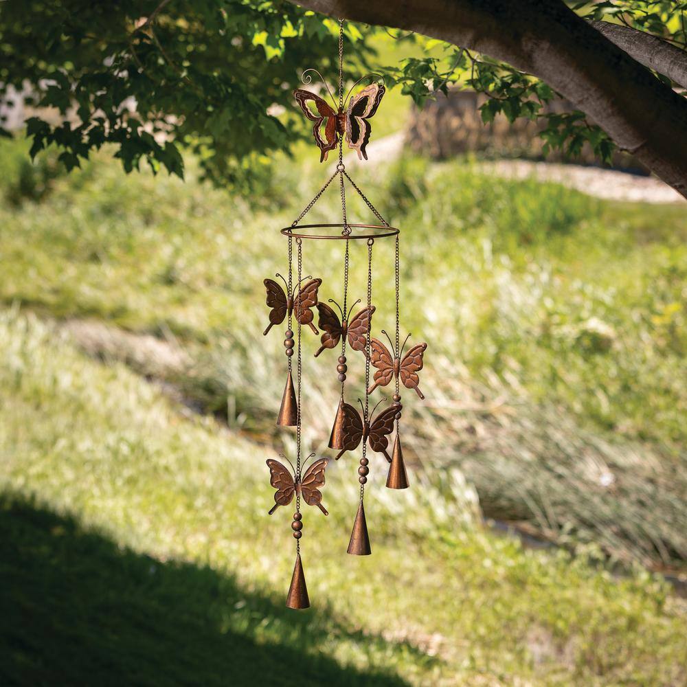 31.5" Bronze Metal Butterfly Wind Chime with Floral Design