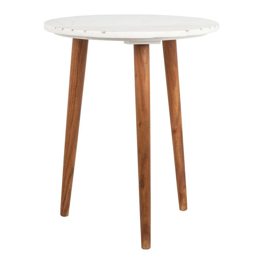 Transitional Round Wood & Stone Accent Table with Brass Inlay