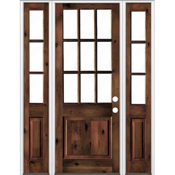 Krosswood Doors 64 in. x 96 in. Rustic Knotty Alder Clear 9-Lite Red Mahogony Stain Wood Left Hand Single Prehung Front Door/Sidelites