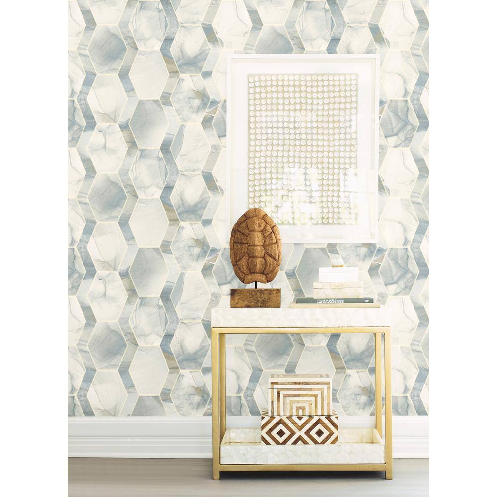 Blue and Gray Hexagon Marble Wallpaper Double Roll