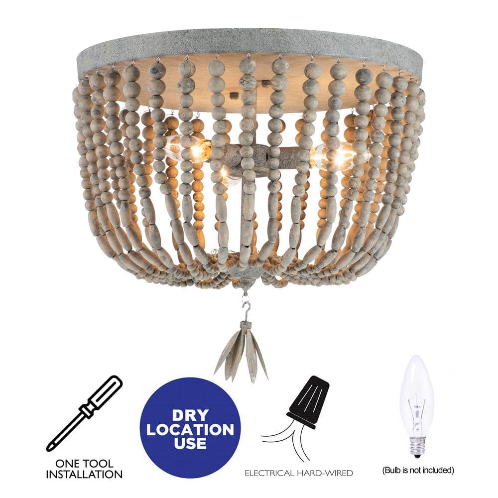 Vintage Gray Wood Beaded 3-Light Flush Mount Ceiling Fixture