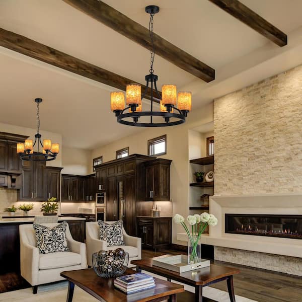 25 in. 6-Light Himalayan Salt Lamp Black Farmhouse Chandelier for Living Room Dining Room