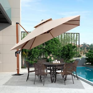 10 ft. Square High-Quality Wood Pattern Aluminum Cantilever Polyester Patio Umbrella with Base Plate, Beige