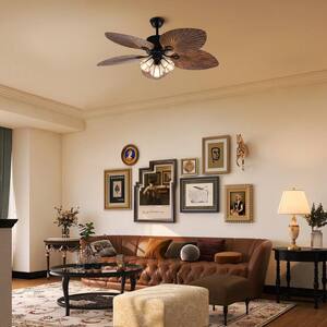 52 in. Indoor Black Modern Ceiling Fan with 5 Brown Tropical Palm Leaf Shaped Blades and Remote, No Bulbs Included