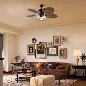 52 in. Indoor Black Modern Ceiling Fan with 5 Brown Tropical Palm Leaf Shaped Blades and Remote, No Bulbs Included