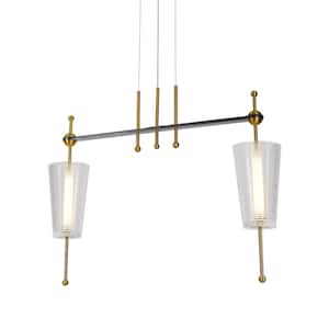 Toscana 13.8-Watt 29 in. Height Adjustable Antique Brass Island Pendant with 2 Integrated LED Frosted Glass Shades