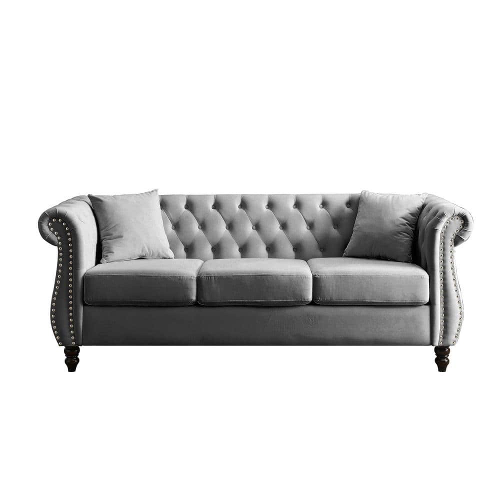 Home Decorator's Collection 80 in. Wide Rolled Arm Velvet Modern sofa with 3-Seater in Gray, Grey