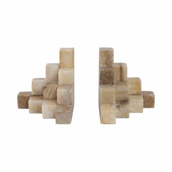 Sagebrook Home Ivory 6 in. x 6 in. Stone Cube Pyramid Bookends (Set of 2)