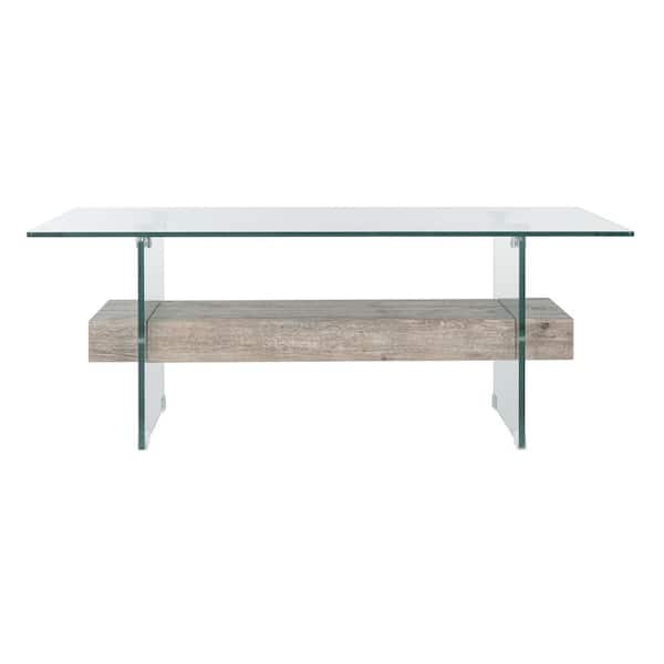SAFAVIEH Kayley 43.3 in. Glass/Gray Oak Wood Shelf Rectangle Coffee Table