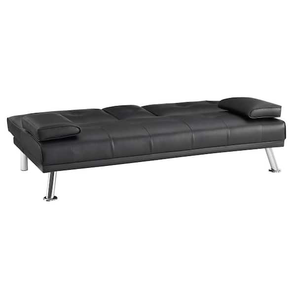 Homfa Upholstered Couch Sofa Bed, 66.3'' Folding Futon Sofa with Removable  Armrests and 2 Cup Holders for Living Room, Black 