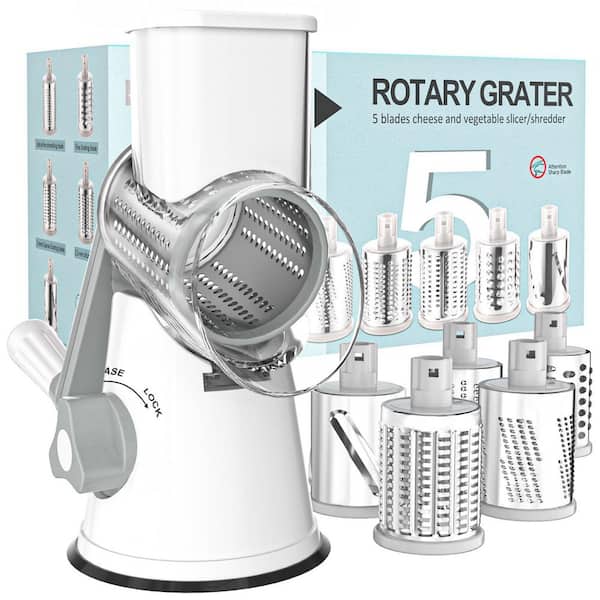 White Rotary Cheese Grater Hand Crank Cheese Shredder for Fresh Cheese, Vegetable, Free Cleaning Brush Five Blades