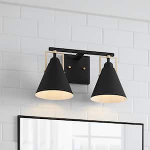 Insdale 2-Light Matte Black Modern Bathroom Vanity Light with Satin Brass Accents