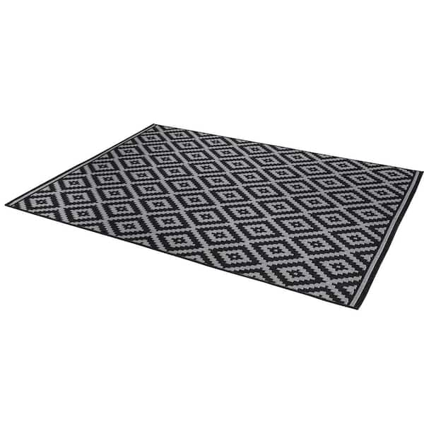 7'9 Round Outdoor Rug-Black/Tan Diamonds