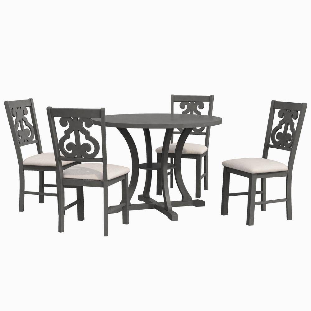 Gray Wood Round Bistro Dining Set with Beige Cushions