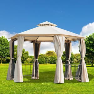 2-Tiered Outdoor Hexagon Garden Gazebo Canopy with Removable Mesh Curtains and UV Sun Protection, Brown