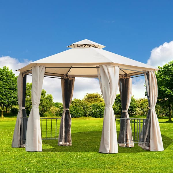 Outsunny 2-Tiered Outdoor Hexagon Garden Gazebo Canopy with Removable Mesh Curtains and UV Sun Protection, Brown