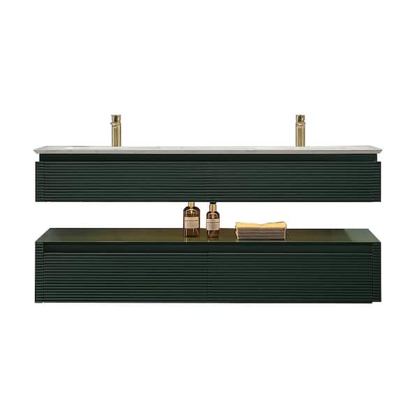 FORCLOVER 60 in. W. x 20.8 in. D x 19.6 in. H Undermount Double Sink Floating Bath Vanity in Green with White Engineer Marble Top