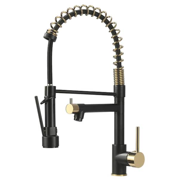 Tahanbath Single Handle Deck Mount Pull Down Sprayer Kitchen Faucet in Matte Black and Gold