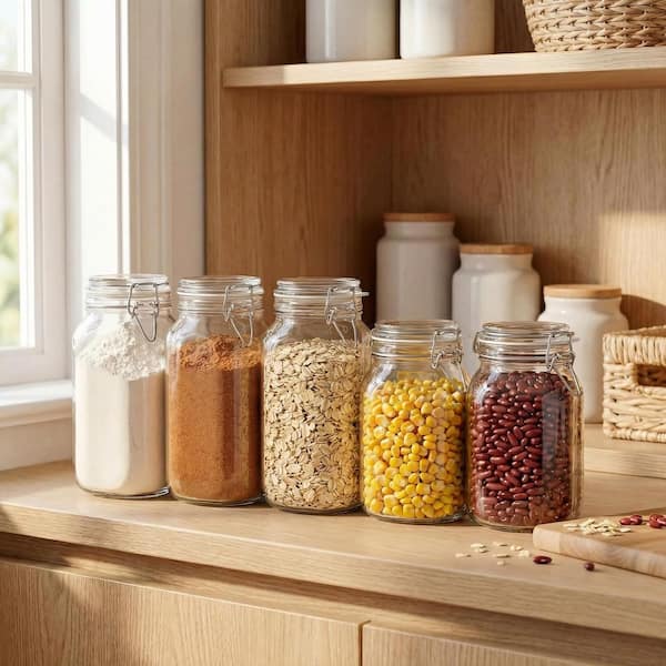 3 Pack Glass Jar Set with Airtight Clamp Lids, Wide Mouth Food Grade Storage Canisters for Flour Sugar Cereal Rice