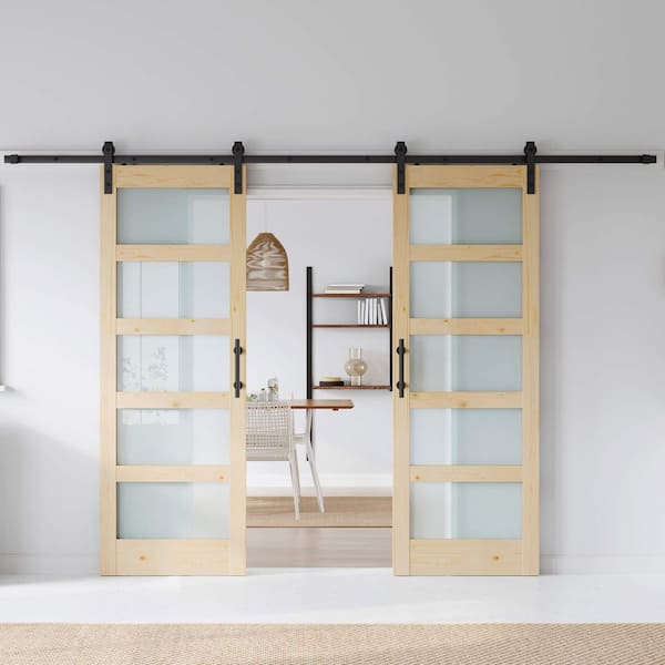 64 in. x 84 in. 5-Lite Frosted Glass Solid Core Spruce Wood Assembly Required Sliding Barn Door with Hardware Kit
