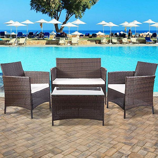 waelph 4-Piece Wicker Patio Conversation Set with Coffee Table and Beige Cushions