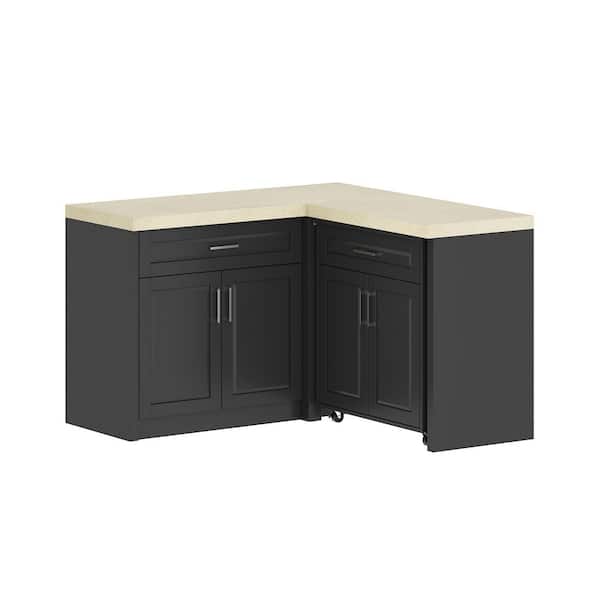Black Wood Top in Marble Finish 50.9 in. Kitchen Island with Rolling Cabinet, Fold-Out Side Table, Corner Counter Design