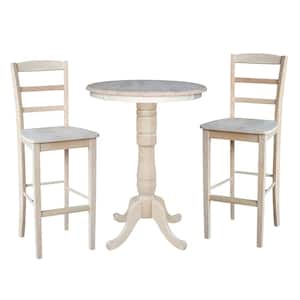 Hampton 3-Piece 30 in. Unfinished Round Solid Wood Bar Height Dining Set with Madrid Stools