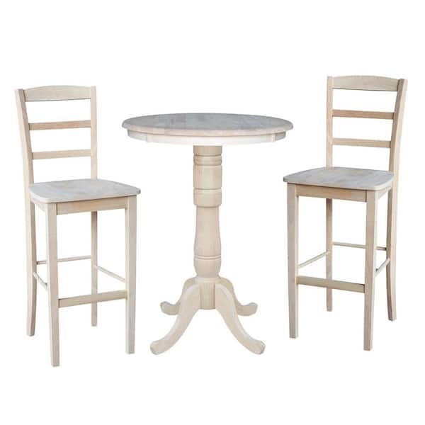 International Concepts Hampton 3-Piece 30 in. Unfinished Round Solid Wood Bar Height Dining Set with Madrid Stools