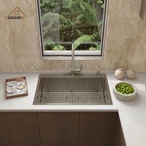 Stainless Steel 33 in. Single Bowl Drop-In Kitchen Sink with Brushed Nickel LED and Infrared Sensor Pull Down Faucet