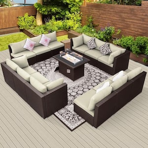 13-Piece Large Size Patio Espresso PE Wicker Patio Sofa Set with Beige Cushions and 55,000 BTU Fire Pit Table
