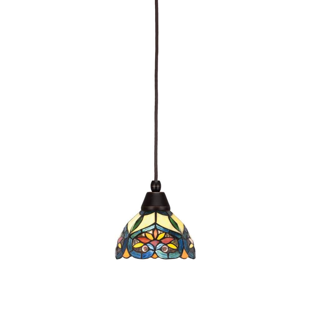 Bryson 7 in. 1-Light Dark Granite Cord Pendant Light with 7 in. Pavo Art Gl