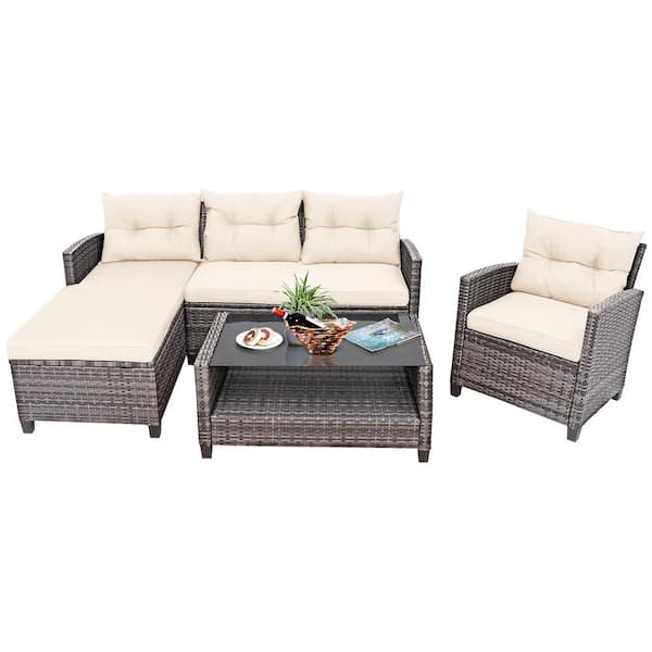 Costway 4-Piece Plastic Wicker Outdoor Sectional Set with White Cushion Patio Rattan Furniture Set Sofa Ottoman Garden Deck