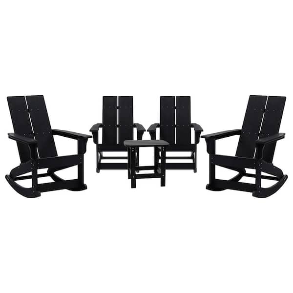 Carnegy Avenue Finn Black 5-Piece Wood Outdoor Rocking Chair Modern Commercial Grade 2-Slat Poly Resin with Matching Side Table