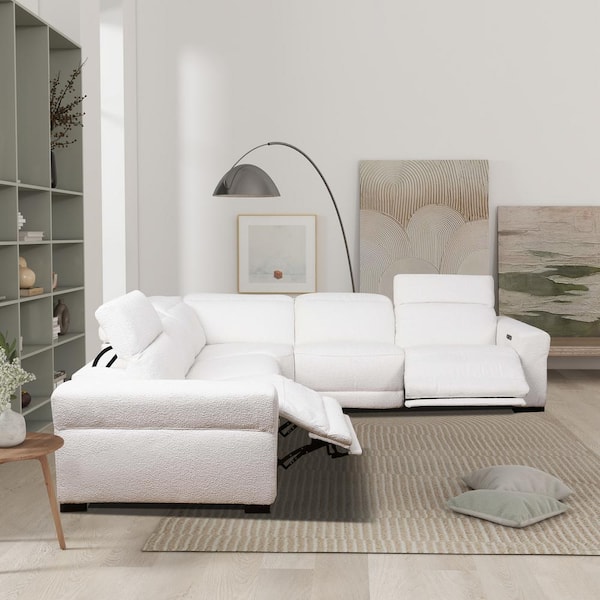 Ashcroft Furniture Co Celeste 139 in. Square Arm Power Recliner Symmetrical Corner Sectional in White Boucle Fabric