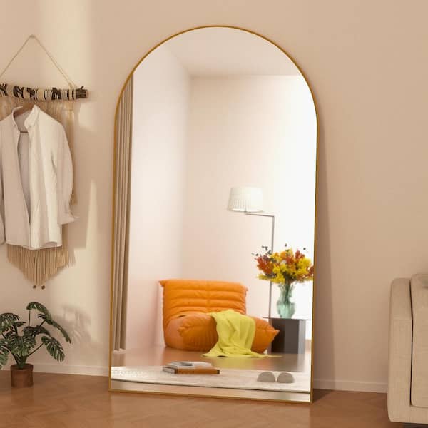 GOGEXX 32 in. W x 71 in. H Oversized Arched Full Length Mirror Wood Framed Gold Wall Mounted/Standing Mirror Floor Mirror