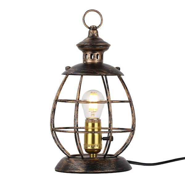 Zompoo Farmhouse 11 in. Brass LED Table Lamp, Reading Bedside Desk Light for Living Room with Cage Shade and Switch