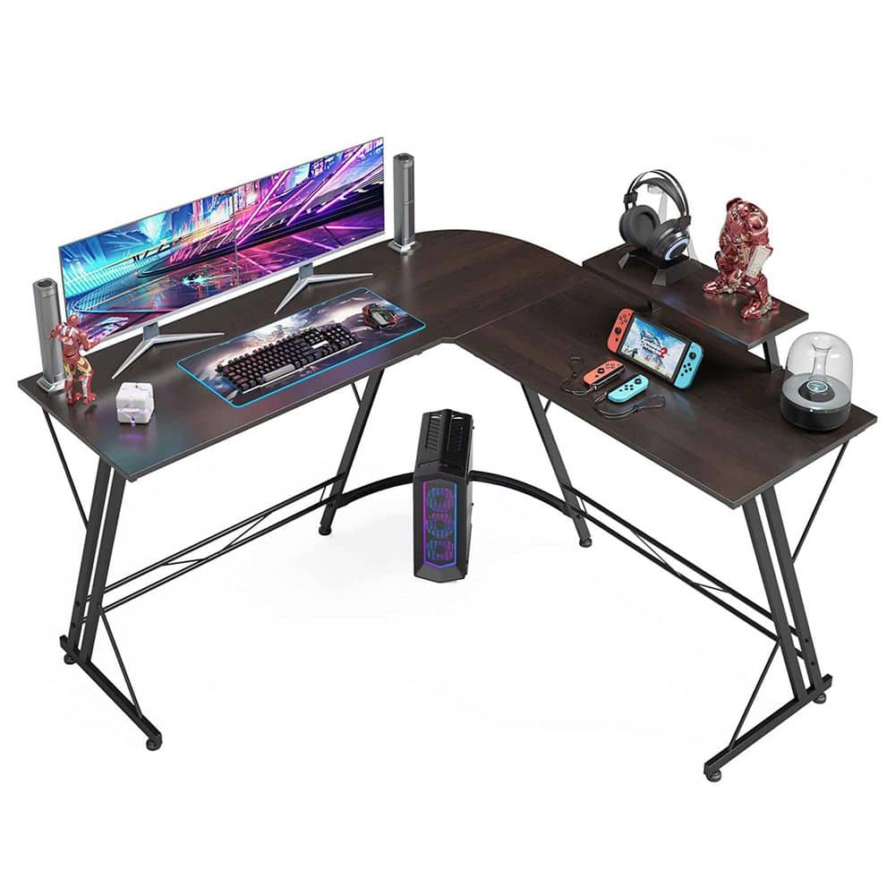 Havrvin 61 in. L Shaped Black Wood Gaming Desk with Led Lights and Power  Outlet, Computer Corner Desk with Monitor Stand