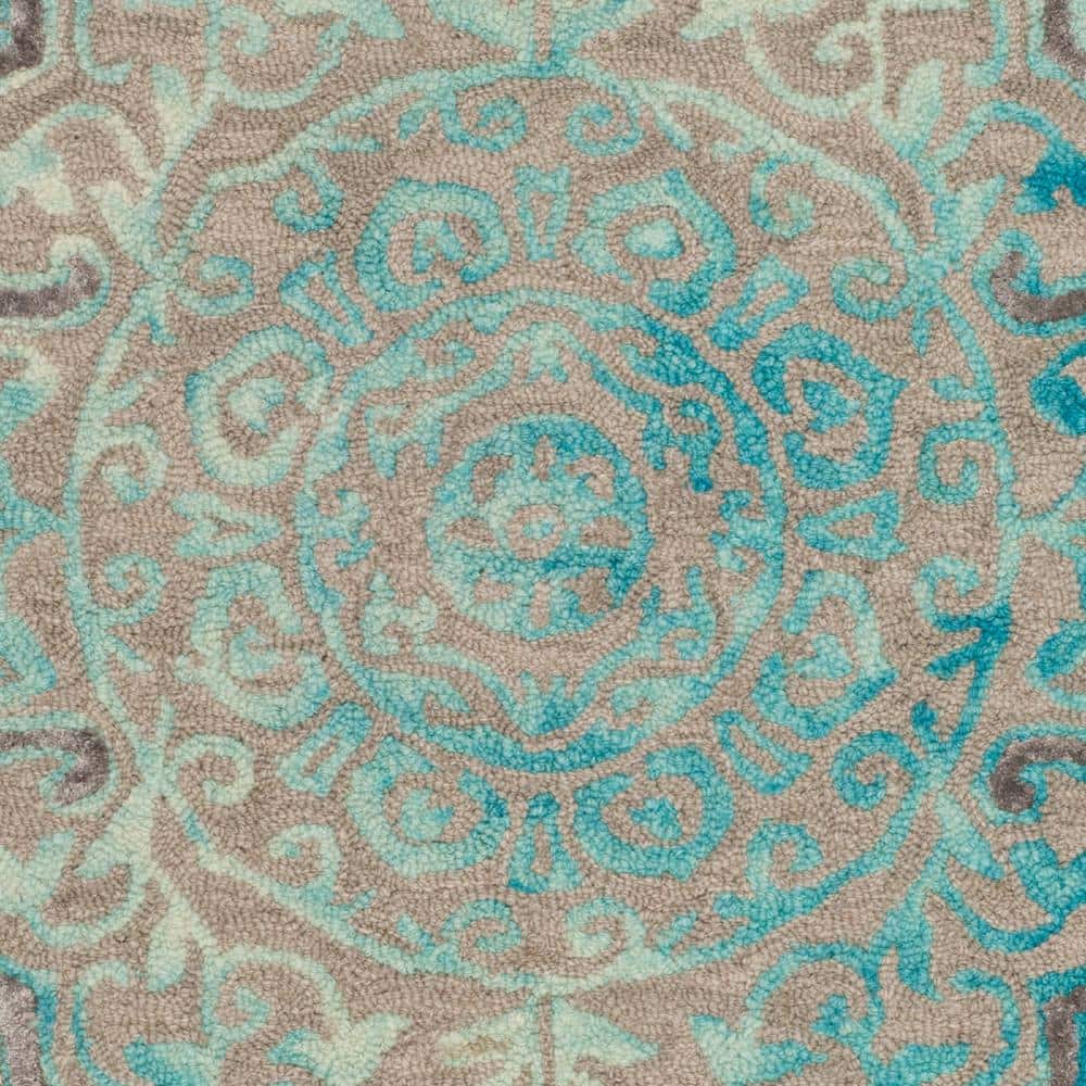 Handmade Tufted Floral Grey & Turquoise Wool-Silk Round Accent Rug