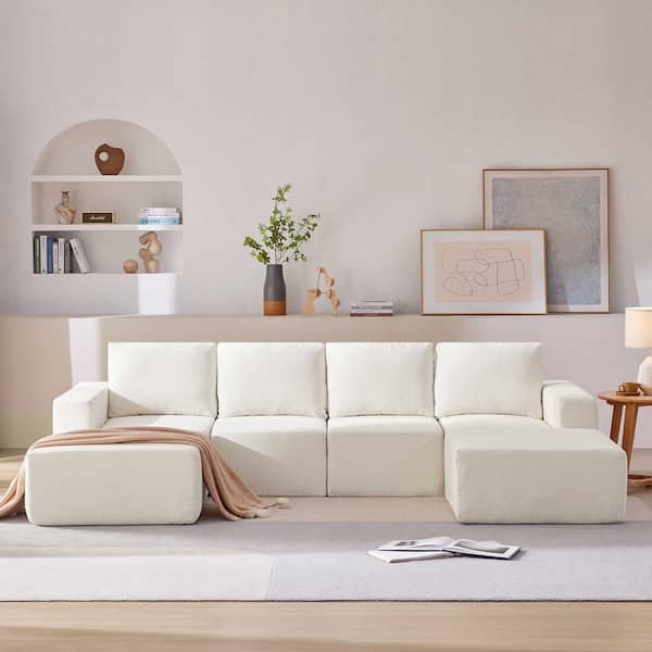 Polibi 110 in. Square Arm Polyester U-Shaped Sofa, Sofa Bed in Beige