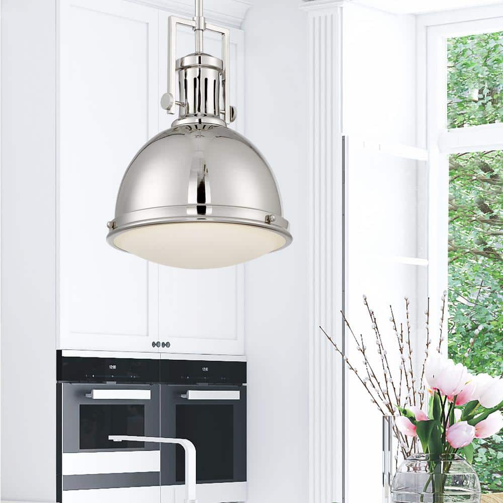 Polished Nickel 1-Light Pendant with White Opal Glass Shade