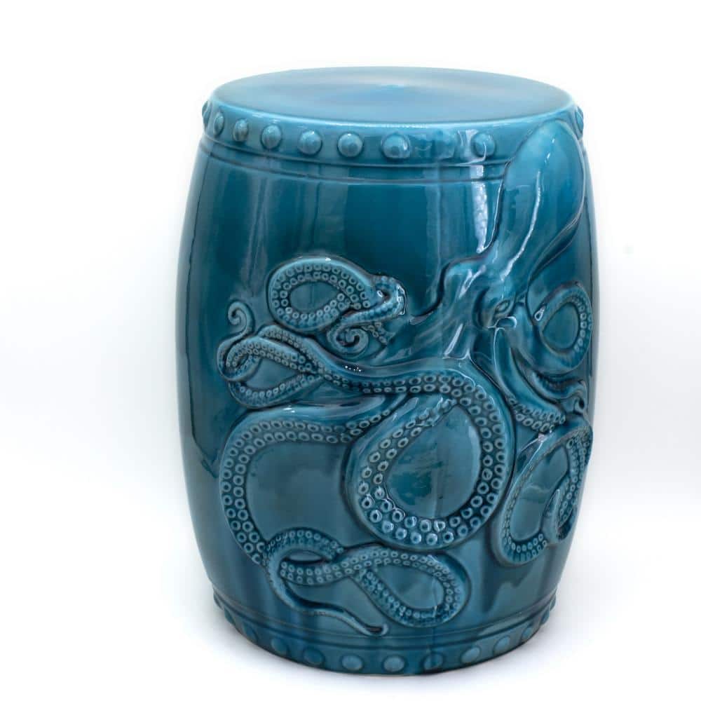 Grotto Aqua Kraken Ceramic Barrel Stool 32039 - The Home Depot