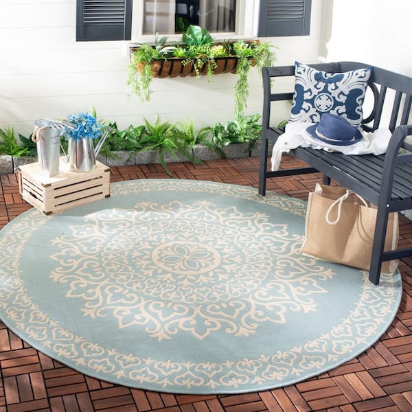 Beach House Cream/Aqua 4 ft. x 4 ft. Medallion Floral Indoor/Outdoor Round Area Rug