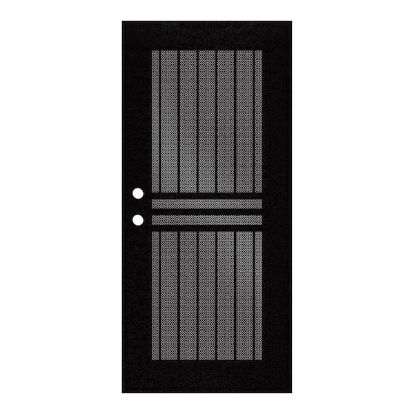 Unique Home Designs 36 in. x 80 in. Plain Bar Black Left-Hand Surface Mount Aluminum Security Door with Black Perforated Screen