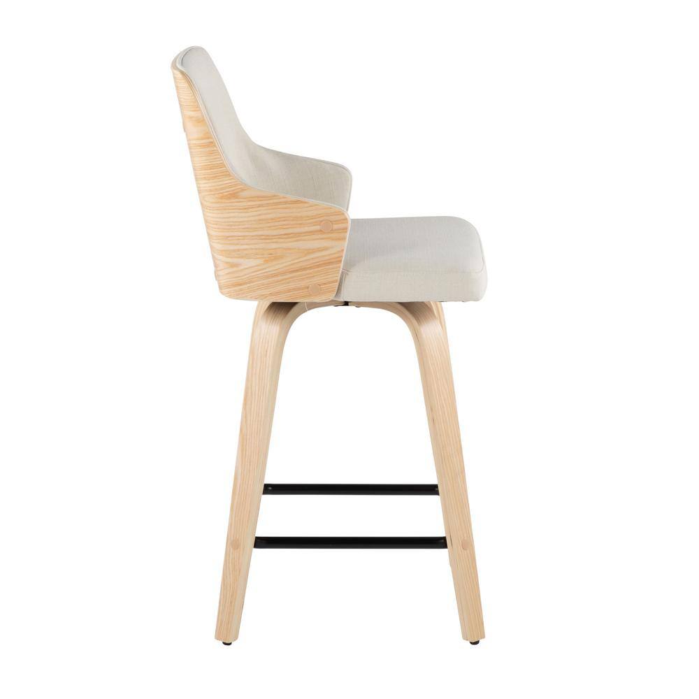 Cream Fabric and Natural Wood Swivel Counter Stools, Set of 2