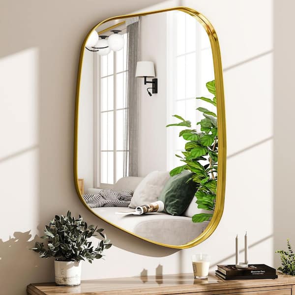 XRAMFY Gold 22 in. W x 30 in. H Irregular Modern Aluminum Alloy Deep Framed Vanity Mirror Wall Mirror